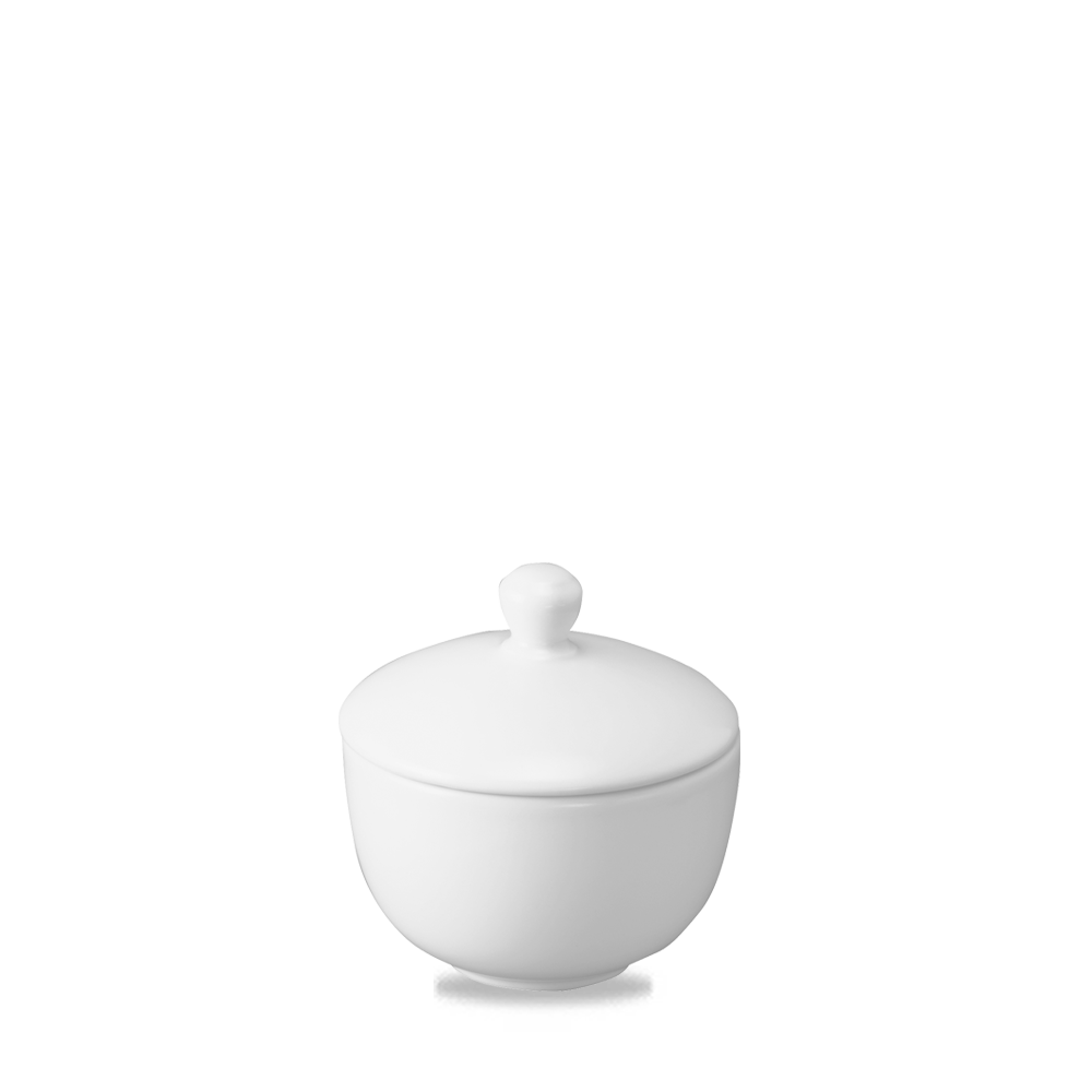 Weiße Porzellanschale mit Deckel.