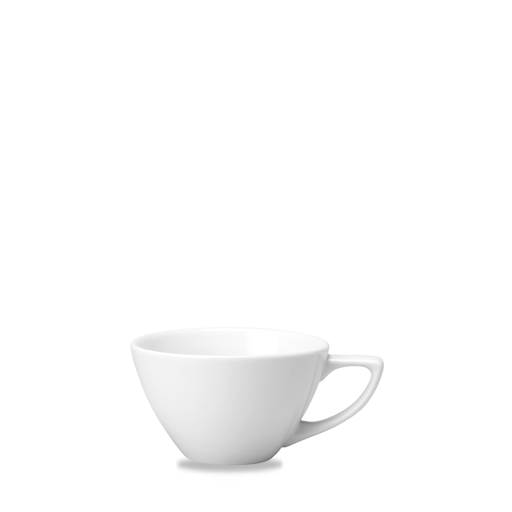 Weiße Tasse auf weißem Hintergrund.