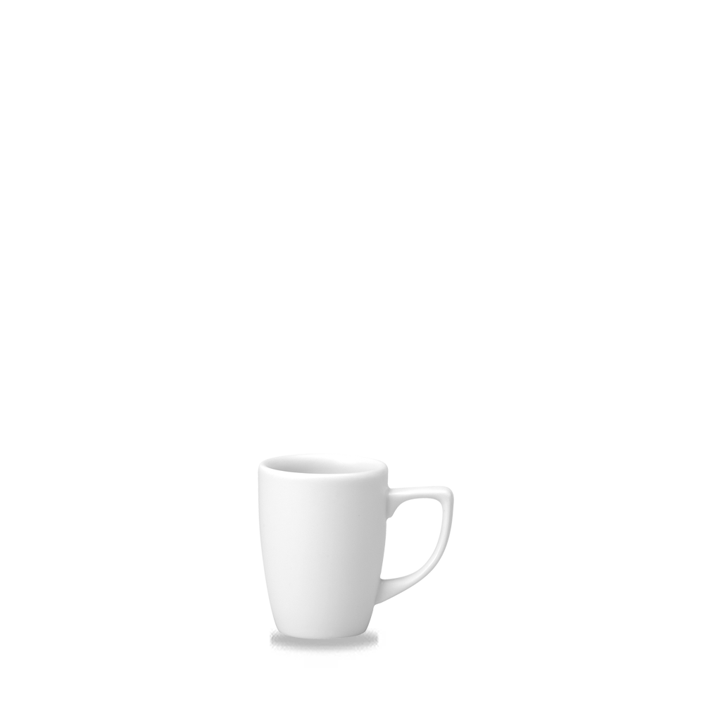 Weiße Tasse auf weißem Hintergrund.