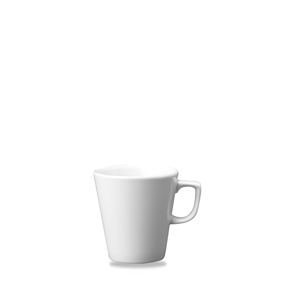Weiße Tasse auf weißem Hintergrund.