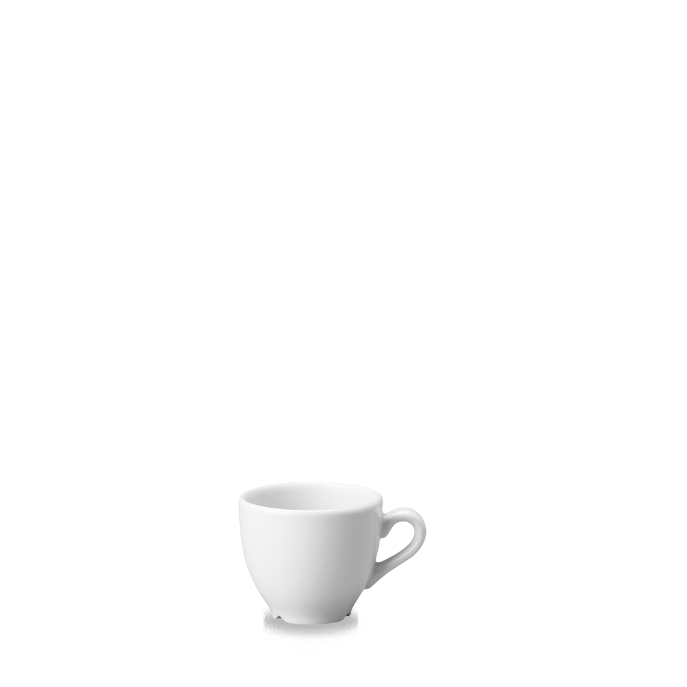 Weiße Espressotasse auf weißem Hintergrund.
