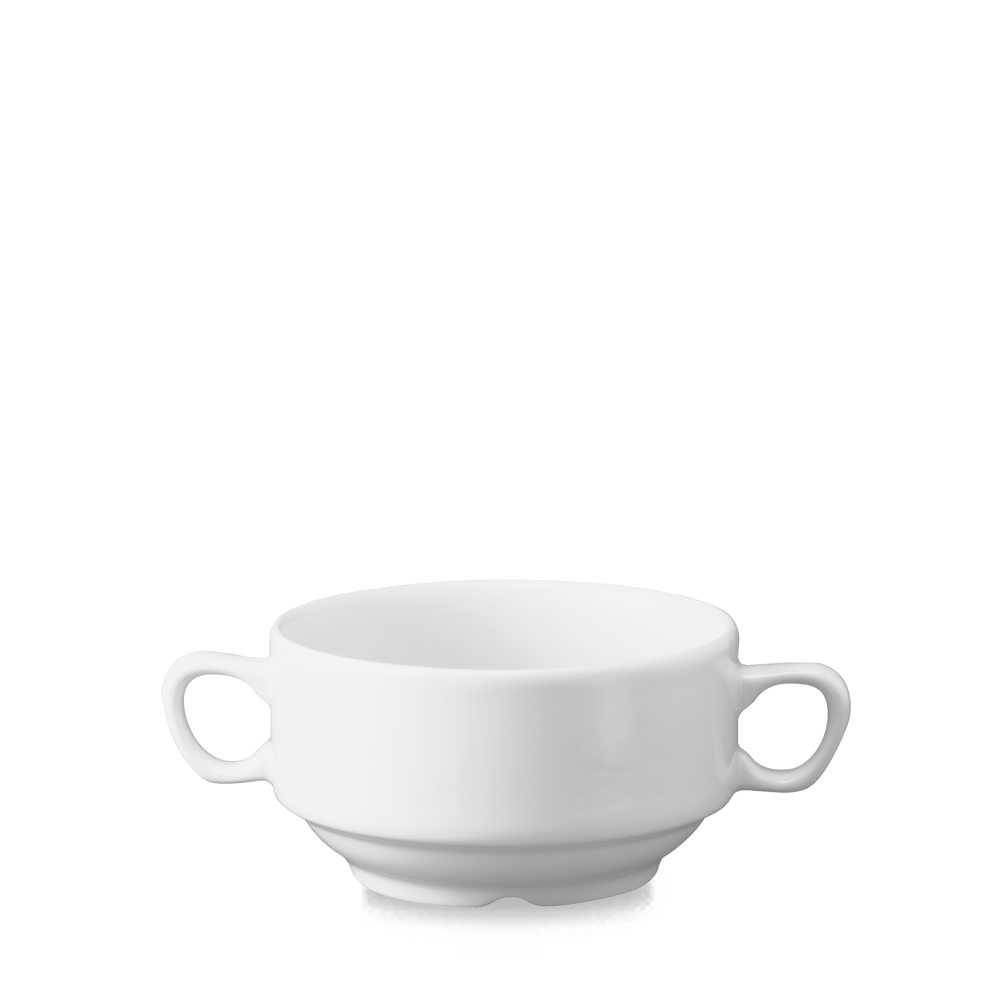 Weiße Suppenschale mit Henkeln.