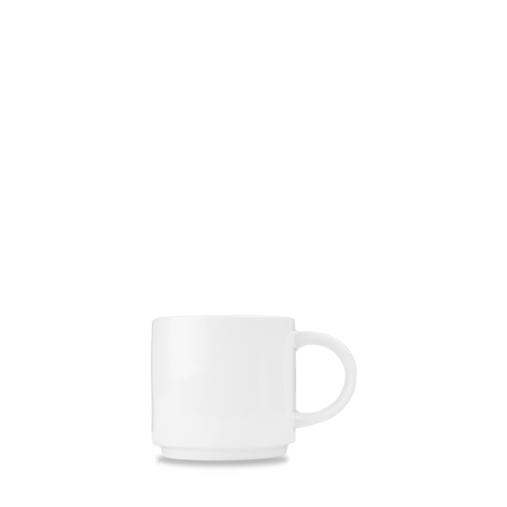 Weiße Tasse auf weißem Hintergrund.
