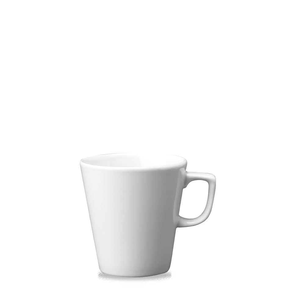 Weiße Tasse auf weißem Hintergrund.
