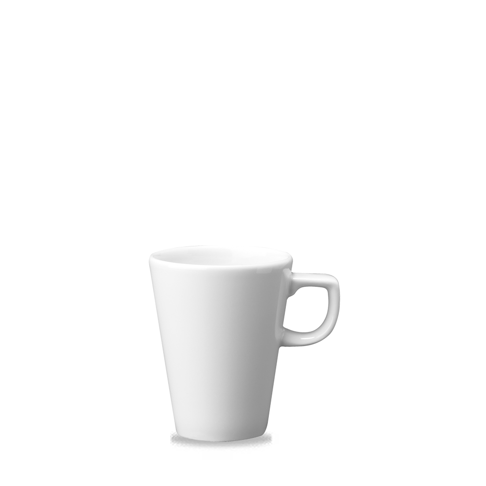 Weiße Tasse auf weißem Hintergrund.