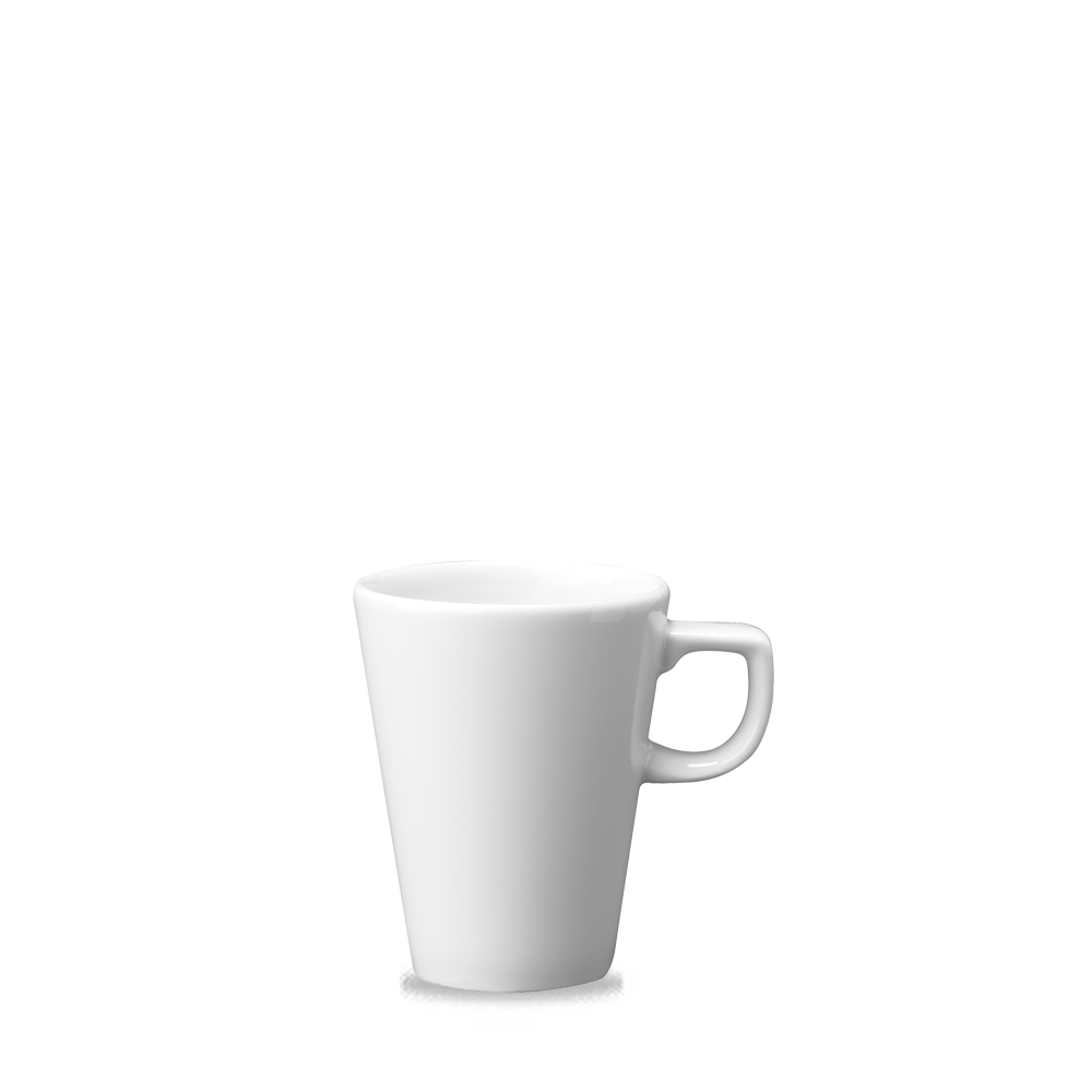 Weiße Tasse auf weißem Hintergrund.