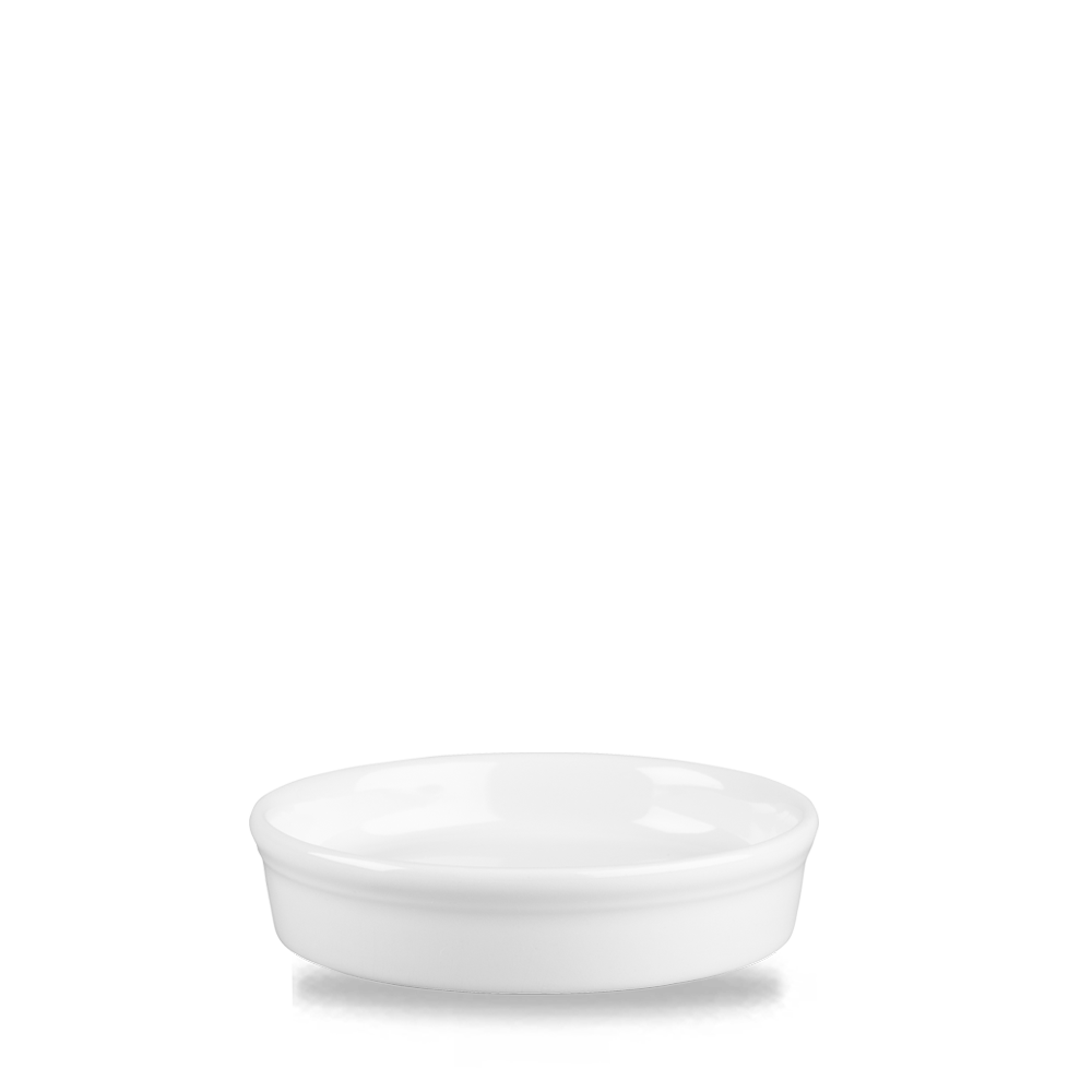 Weiße, runde Porzellanschale, leer.