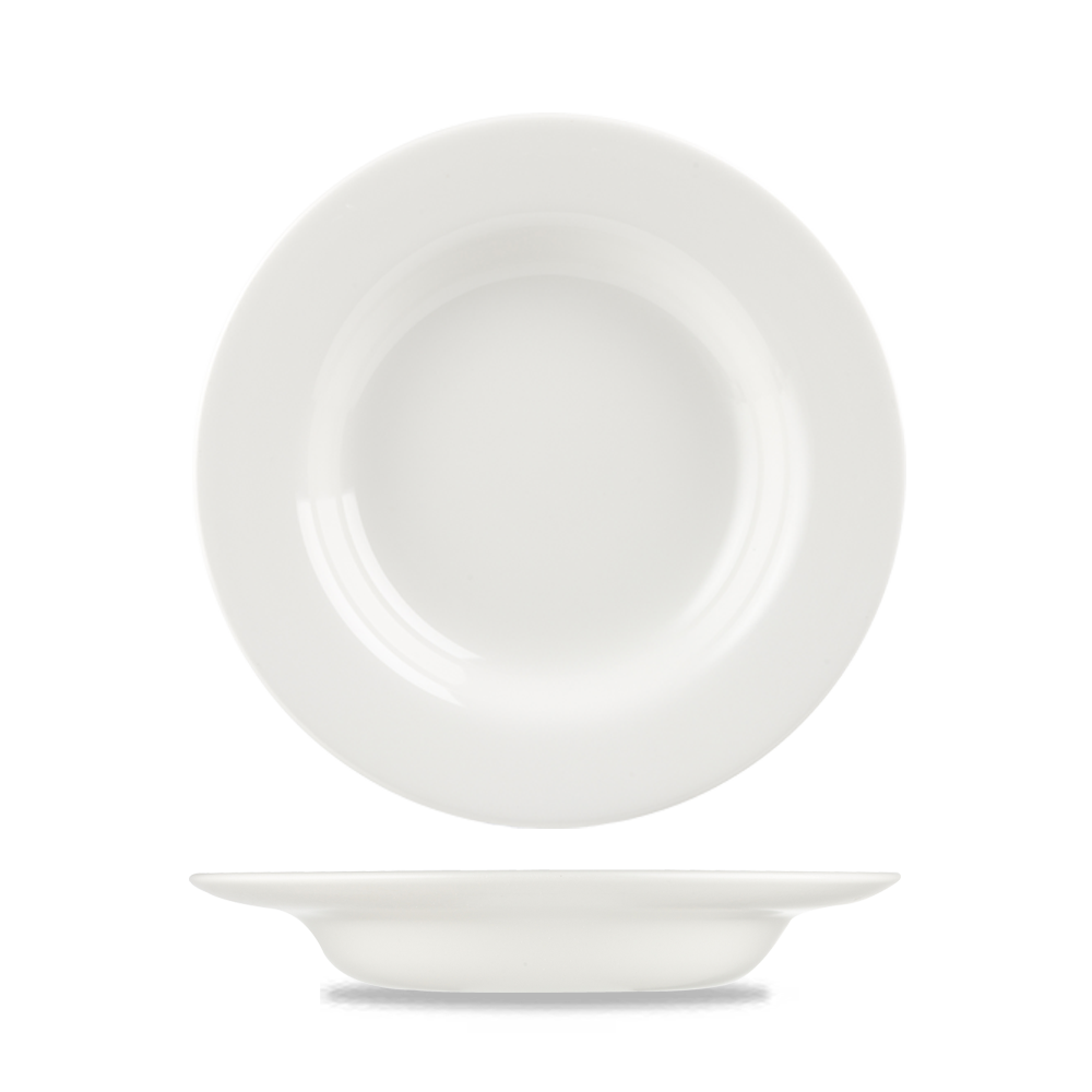 Weiße Porzellanteller, schlichtes Design.
