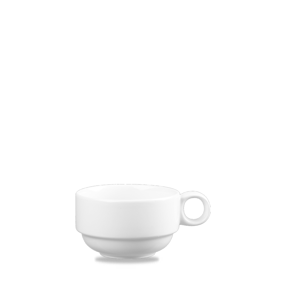 Weiße Tasse mit Henkel.