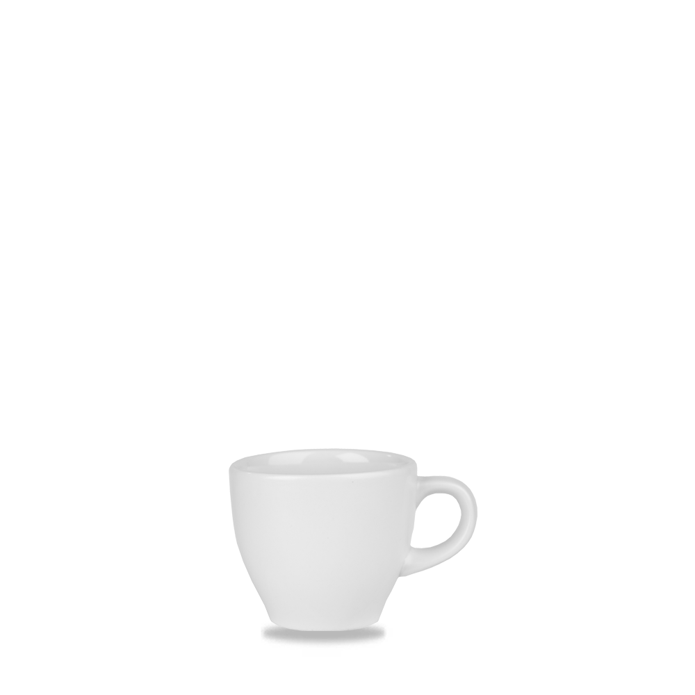Weiße Espressotasse auf weißem Hintergrund.
