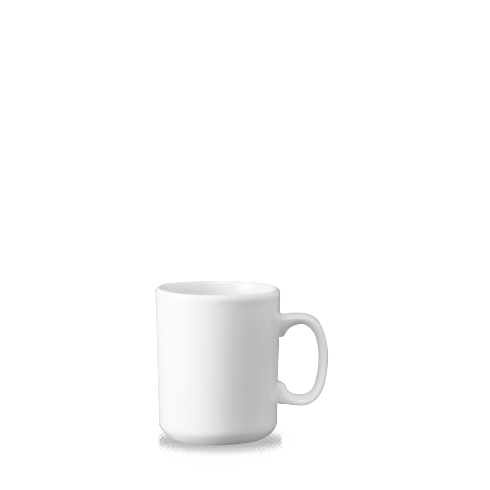 Weiße Tasse auf weißem Hintergrund.