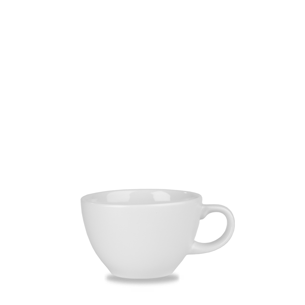 Weiße Tasse auf weißem Hintergrund.