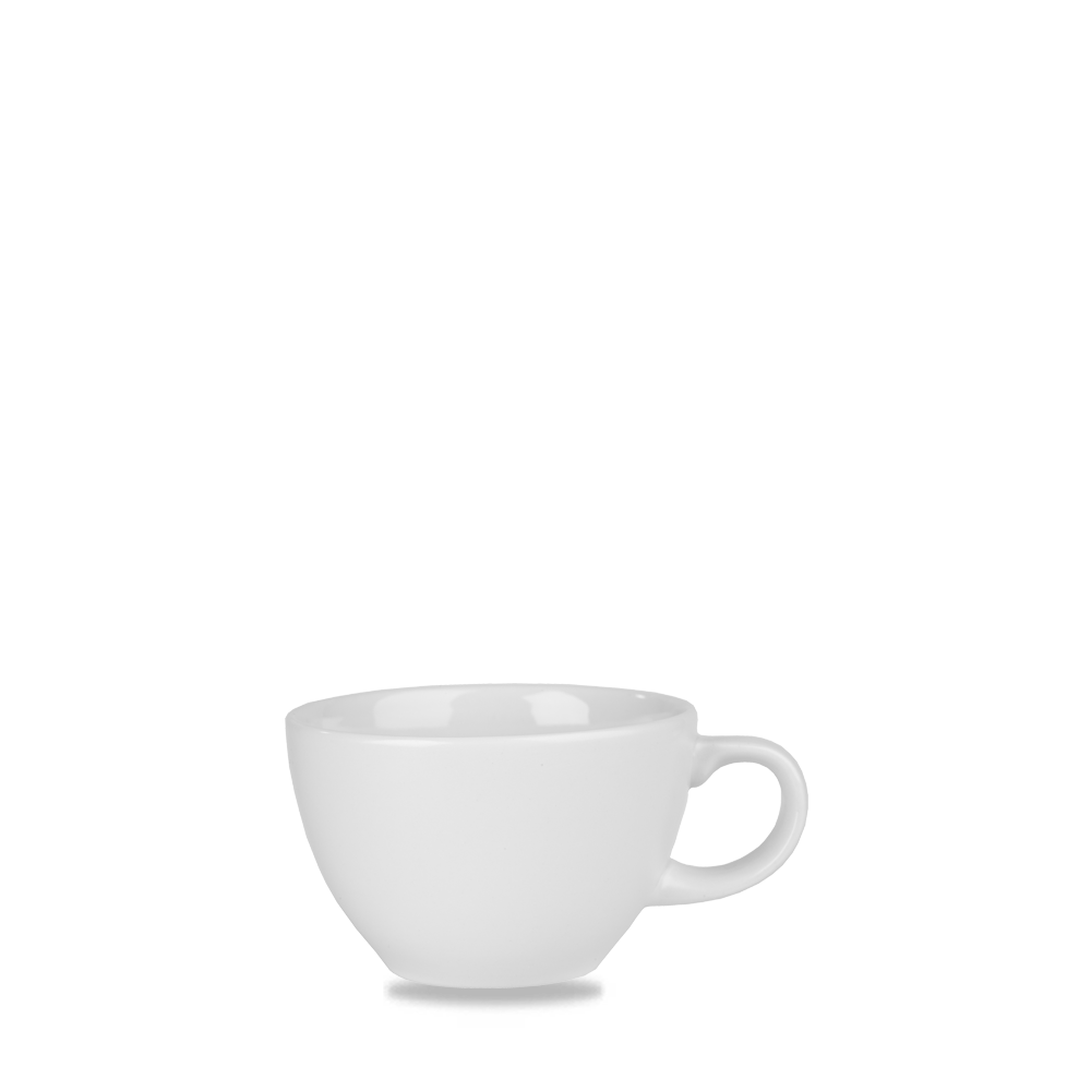 Weiße Tasse auf weißem Hintergrund.