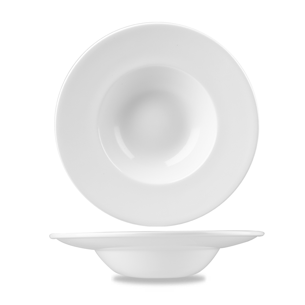 Weiße Suppenteller, schlichtes Design.