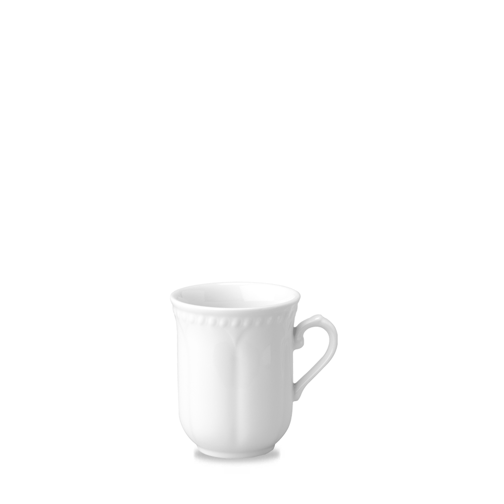 Weiße Tasse mit Henkel.