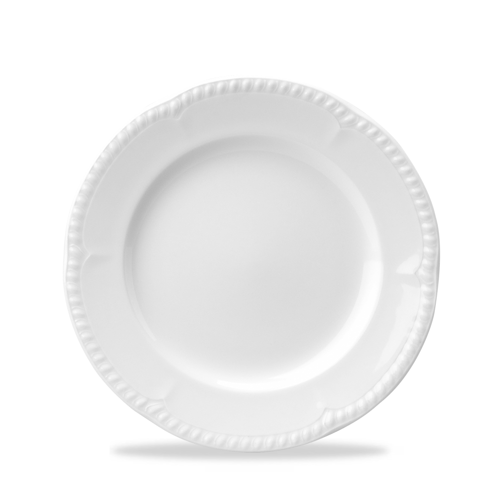Weißer Teller mit Rillenrand.