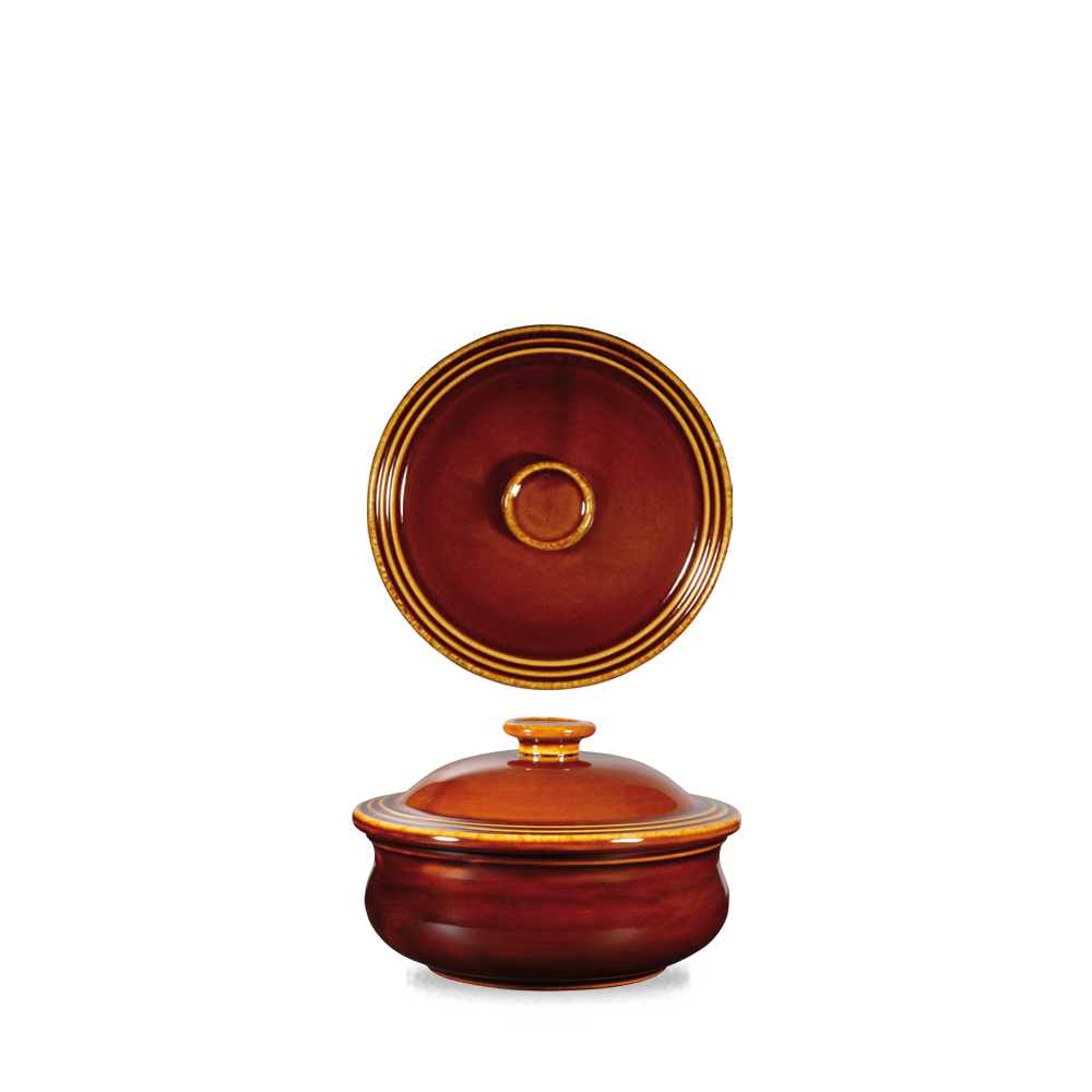 Brauner Keramiktopf mit Deckel.
