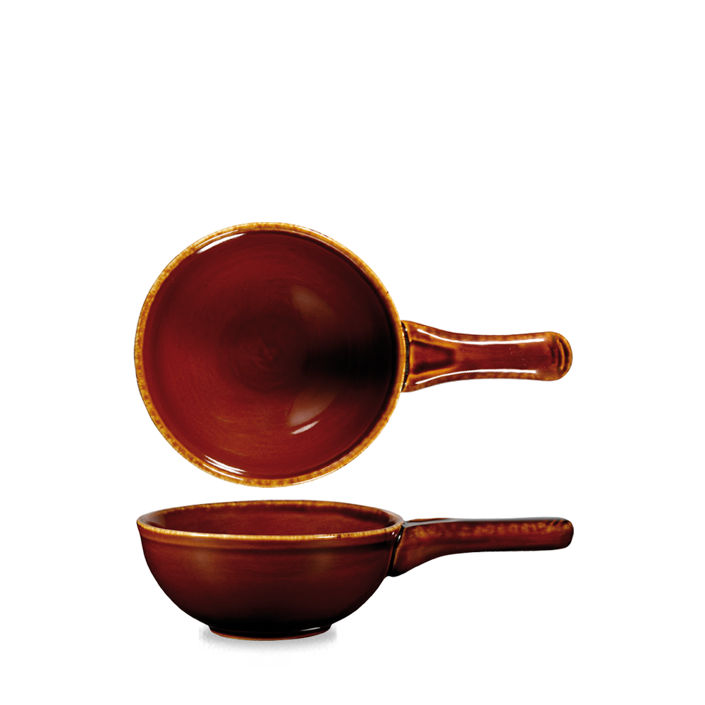 Zwei braune Suppenschalen mit Griff.