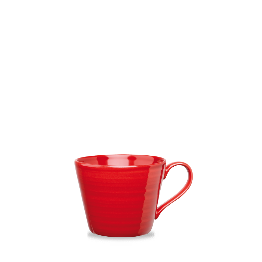 Rote Tasse auf weißem Hintergrund.