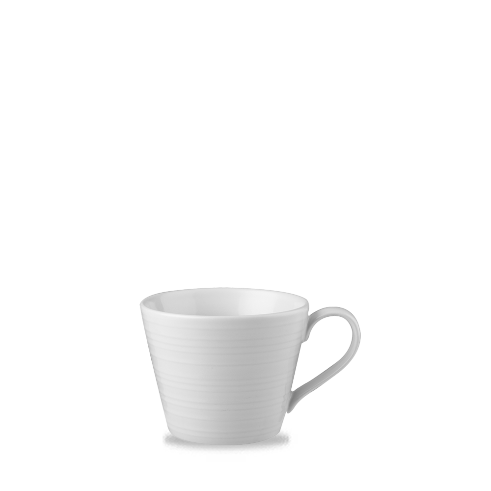 Weiße Tasse auf weißem Hintergrund.