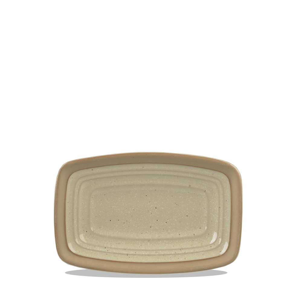 Rechteckiger, beige-grauer Teller.