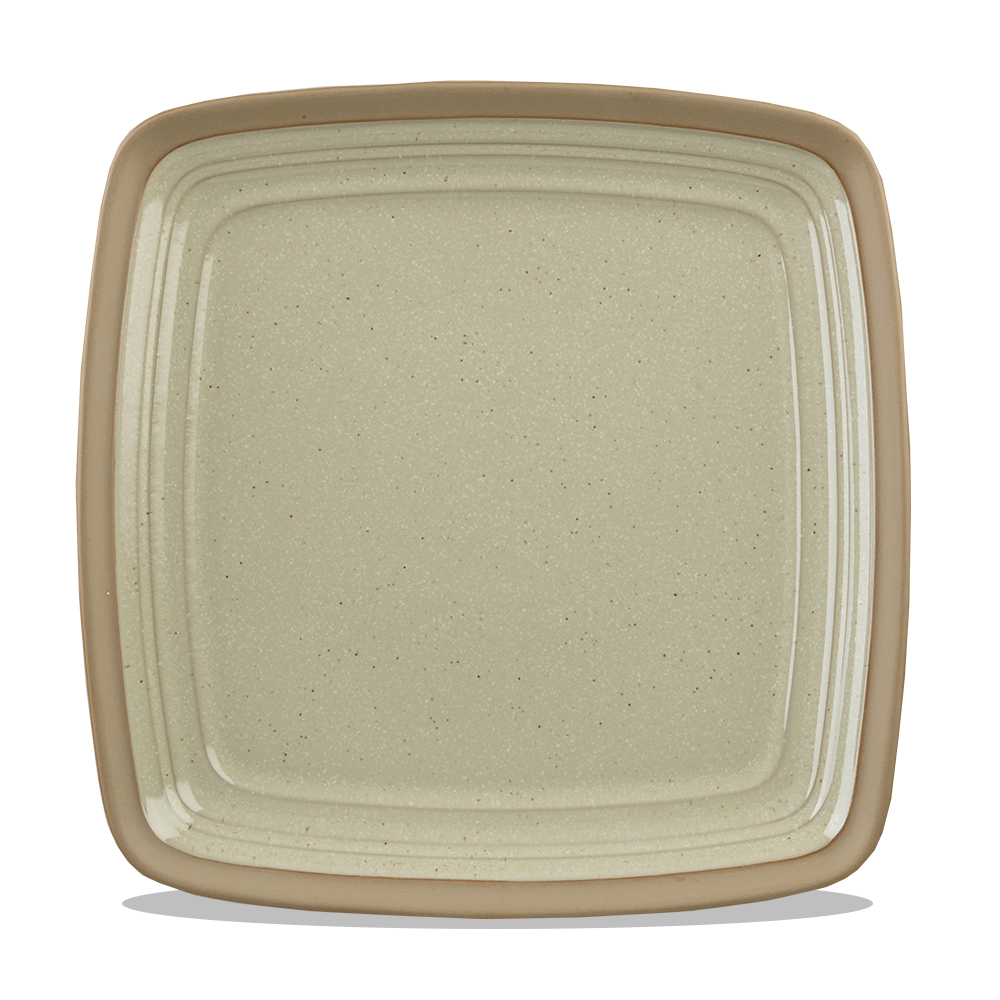 Quadratischer, beige Teller mit Rand.