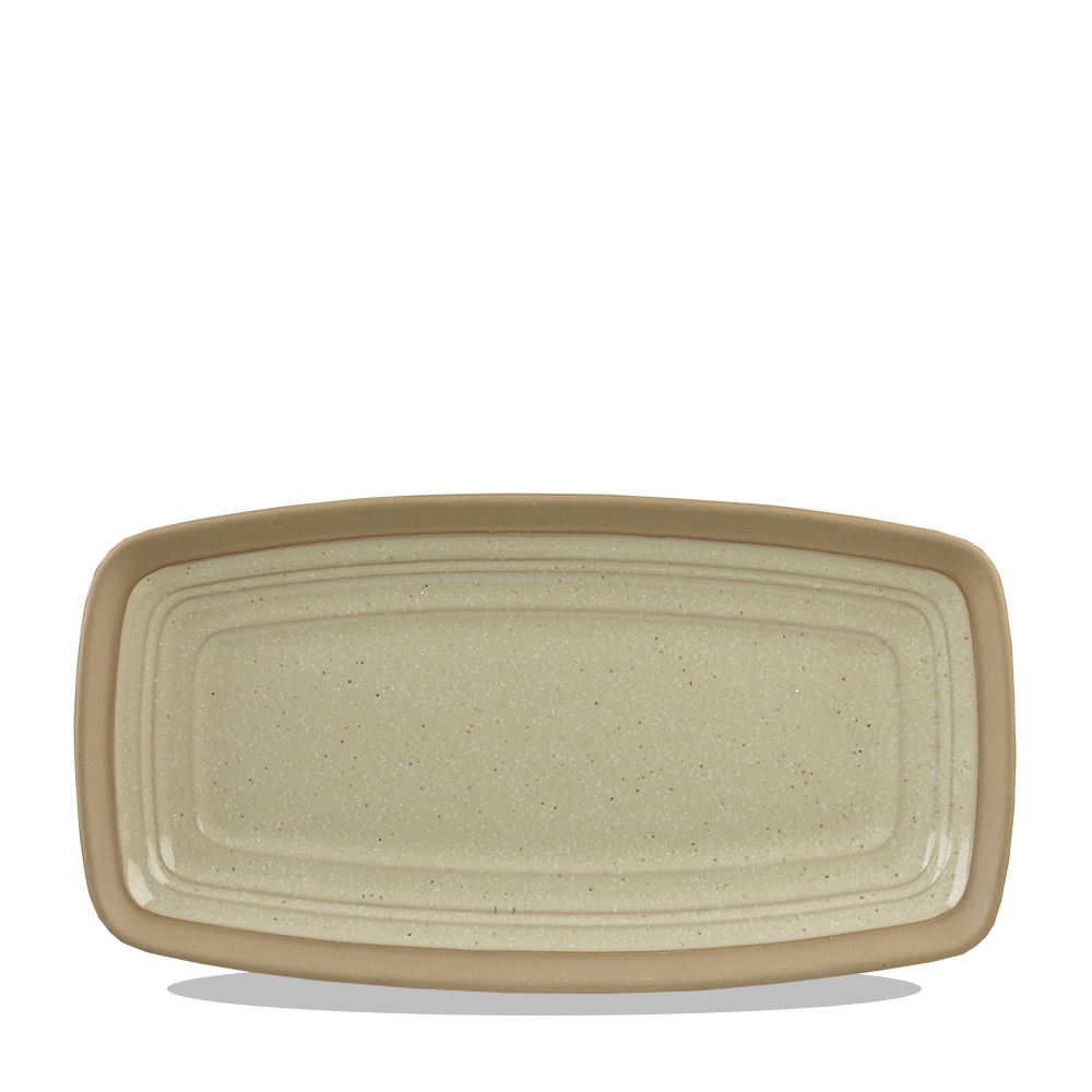 Rechteckiger, beige-grauer Servierteller.