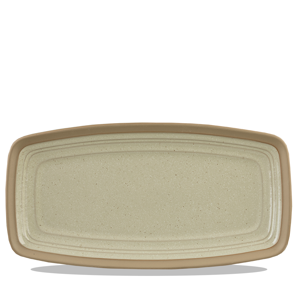 Rechteckiger, beige-grauer Teller.