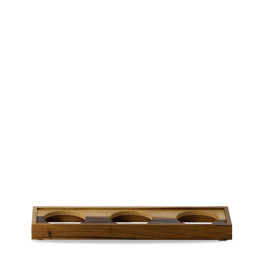 Holztablett mit drei Vertiefungen.