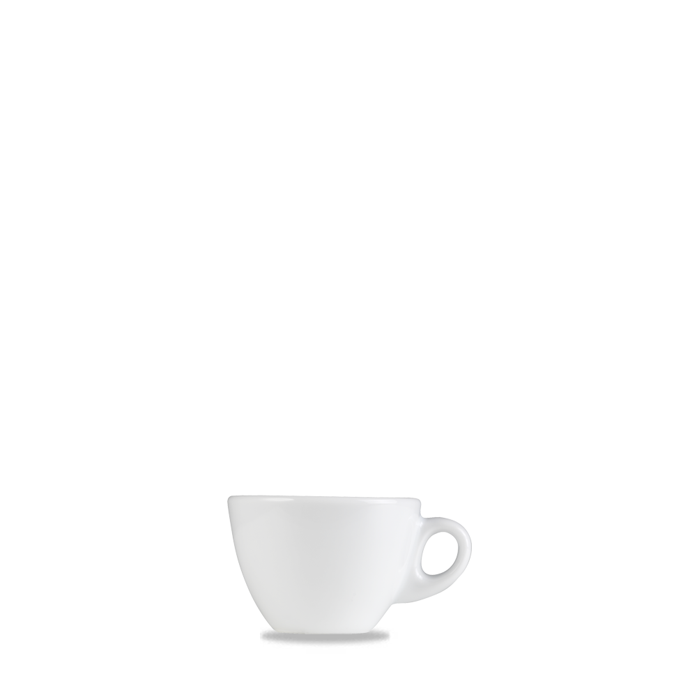 Weiße Espressotasse auf weißem Hintergrund.
