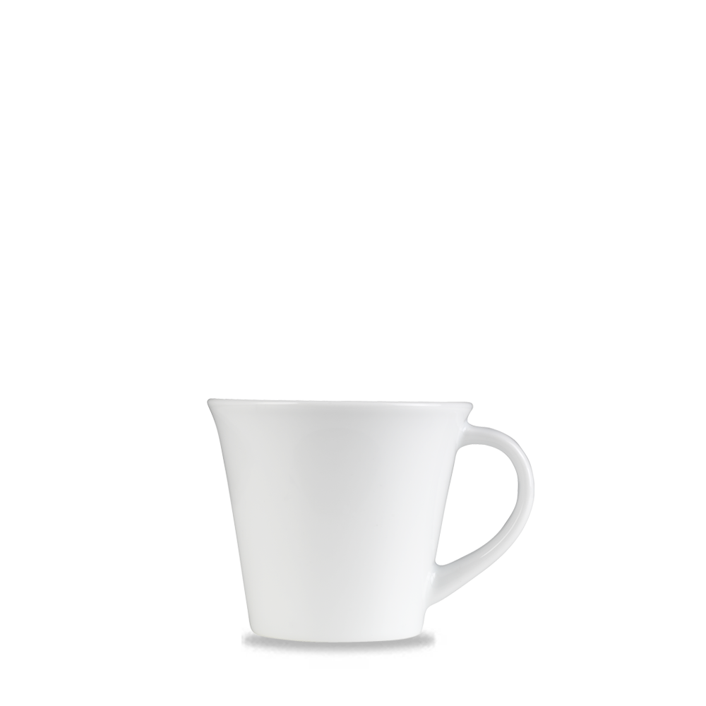 Weiße Tasse auf weißem Hintergrund.