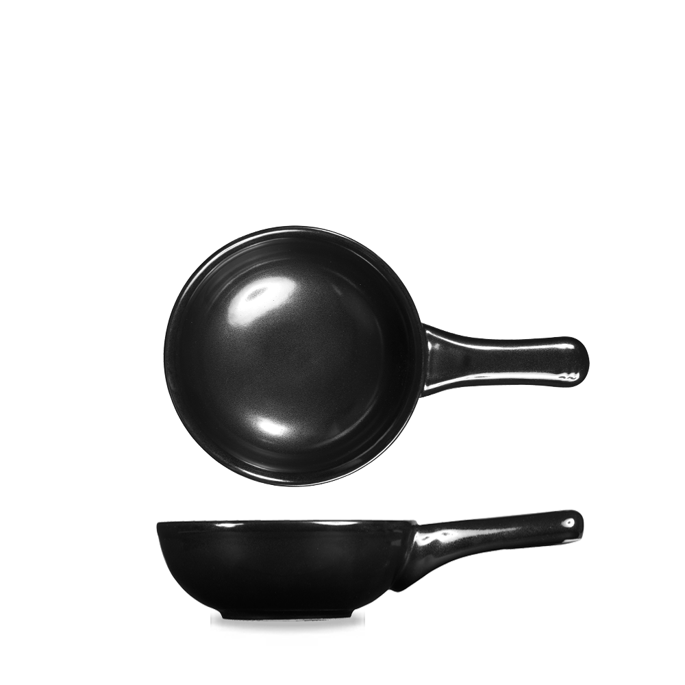 Zwei schwarze Keramikpfannen mit Griff.