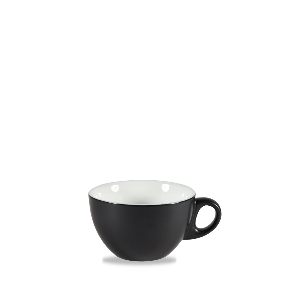 Schwarze Tasse auf weißem Hintergrund.