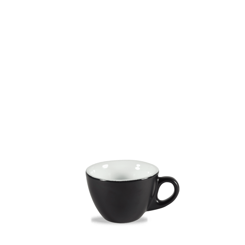 Schwarze Kaffeetasse auf weißem Hintergrund