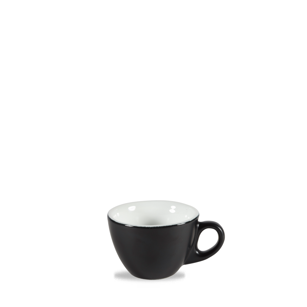 Schwarze Tasse auf weißem Hintergrund.