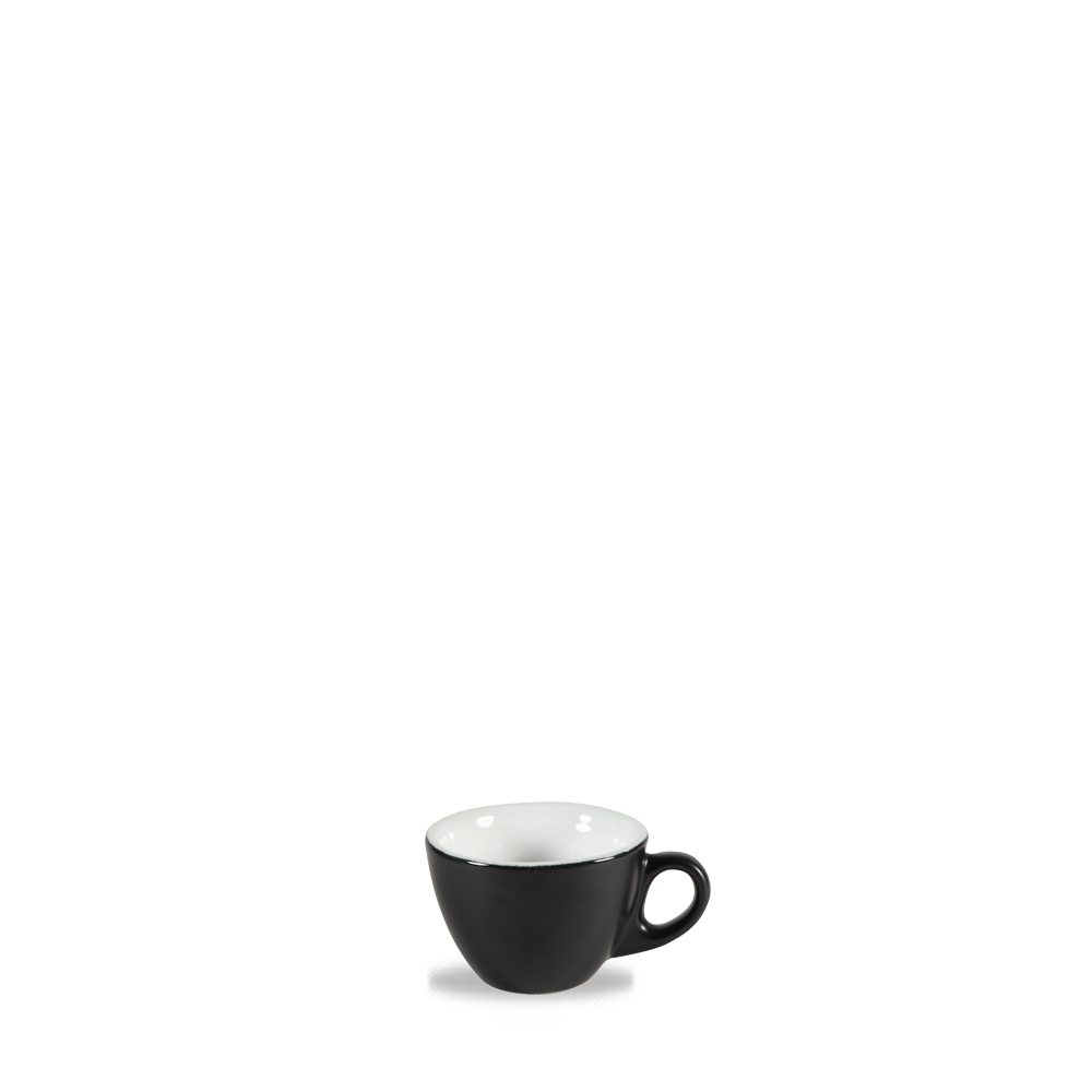 Schwarze Tasse auf weißem Hintergrund.