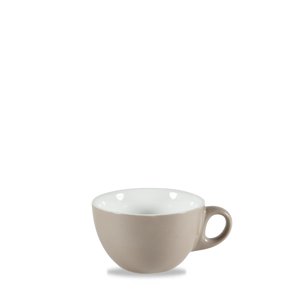 Beige Tasse auf weißem Hintergrund.