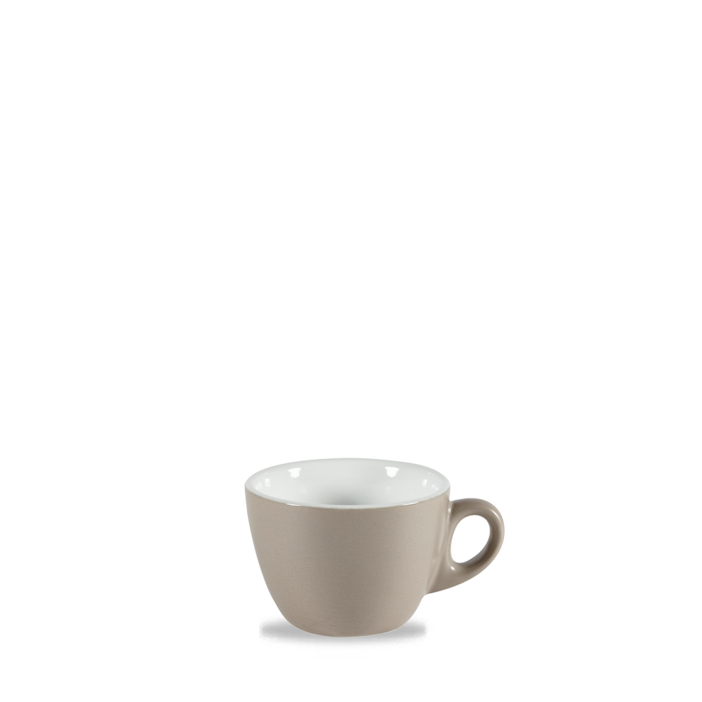 Beige Tasse auf weißem Hintergrund.
