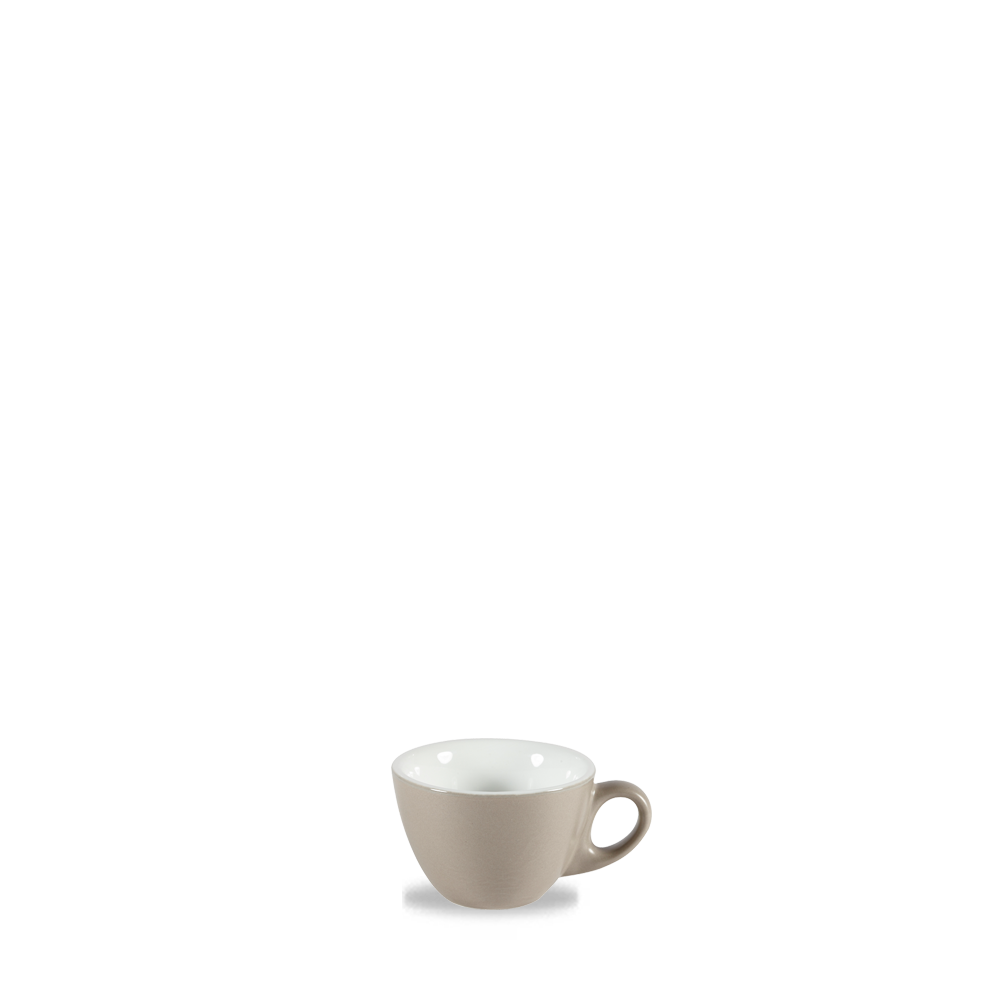 Beige Tasse auf weißem Hintergrund.