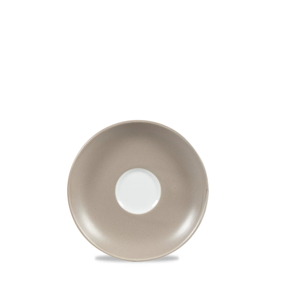 Beige Untertasse mit weißem Zentrum.