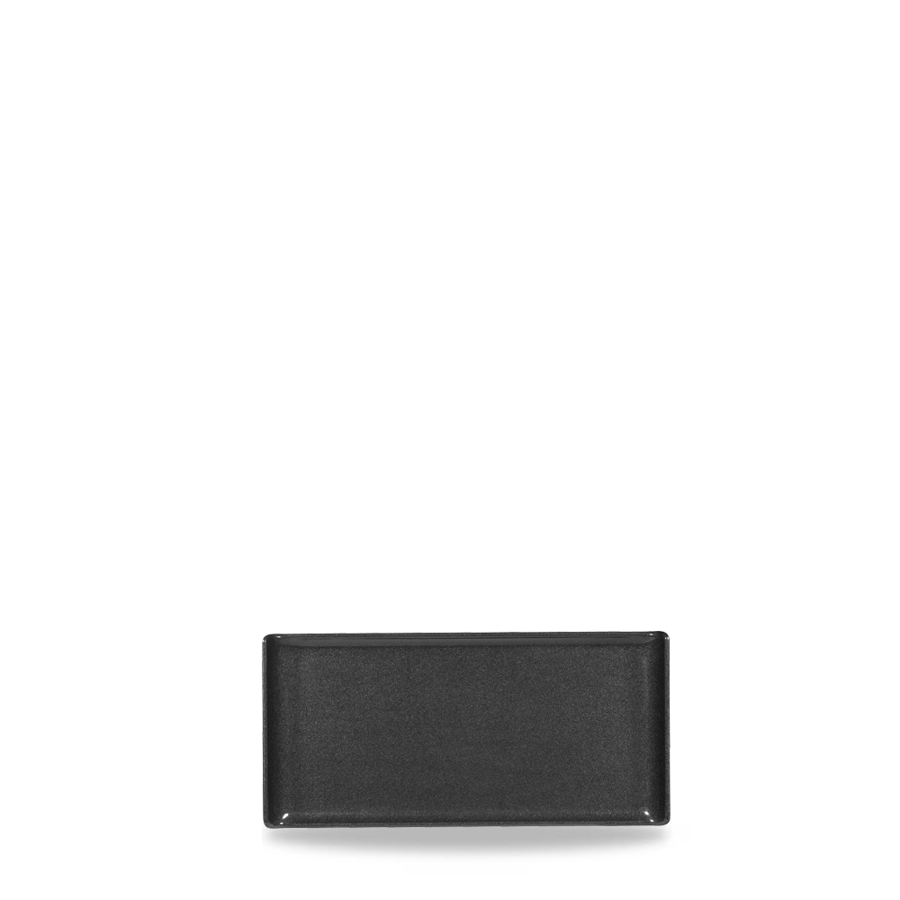 Schwarzer rechteckiger Teller, minimalistisch.