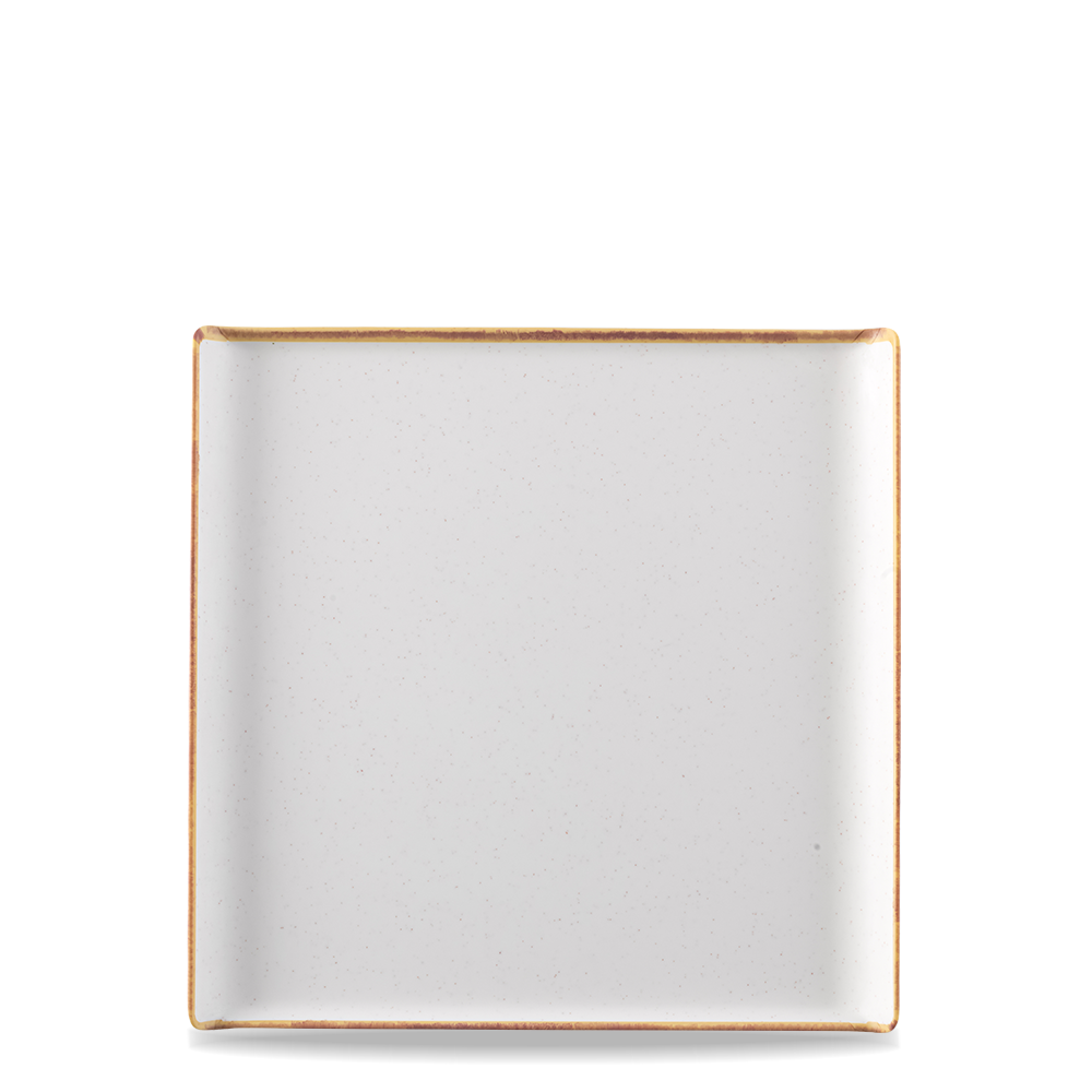 Quadratischer, weißer Teller, minimalistisch.