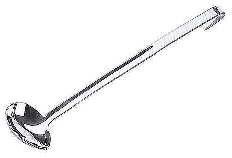 Silberne Suppenkelle mit Haken.