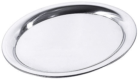Silbernes, ovales Serviertablett aus Metall.