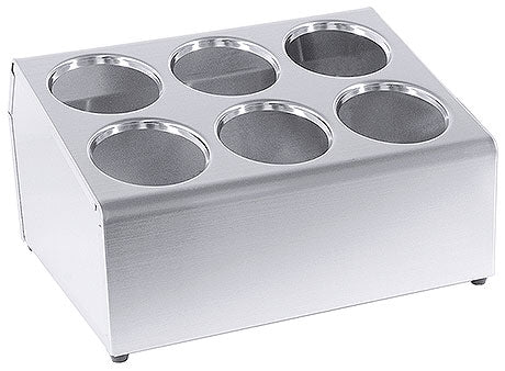 Edelstahl-Behälterhalter mit sechs Öffnungen.