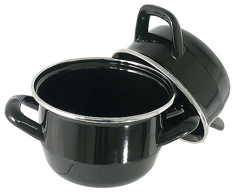 Schwarzer Kochtopf mit Deckel.