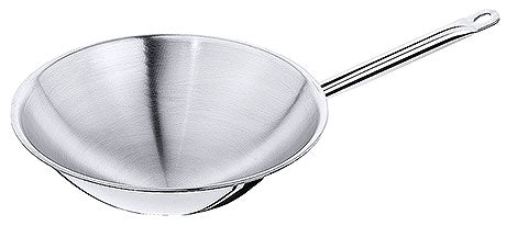 Edelstahl-Wok mit langem Griff.