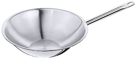 Silberner Wok mit Griff.