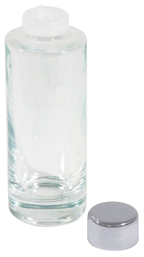 Glasflasche mit abgenommenem Deckel.