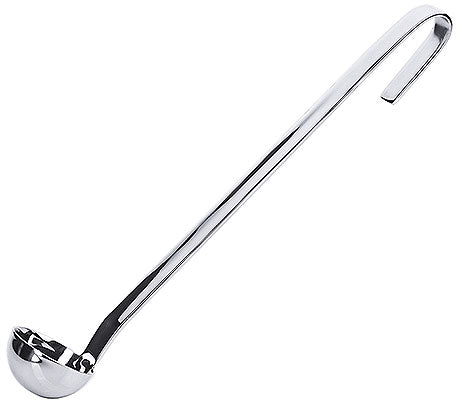 Silberne Suppenkelle mit Haken.